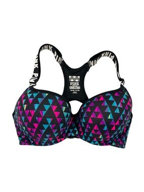 PINK Victoria's Secret Ultimate Black Push-Up Bra w/ Pink & Teal Triangle Print